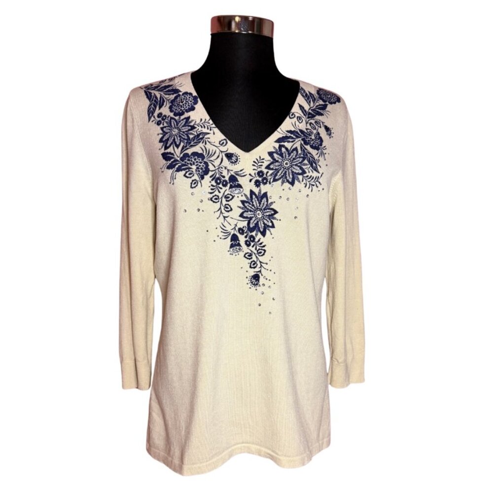 Judith Hart Vintage Silk Blend Embellished Floral V-Neck Pullover Sweater Size M